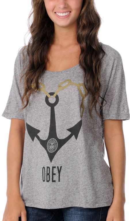 Obey Anchor Heart Heather Grey Burnout Tee Shirt