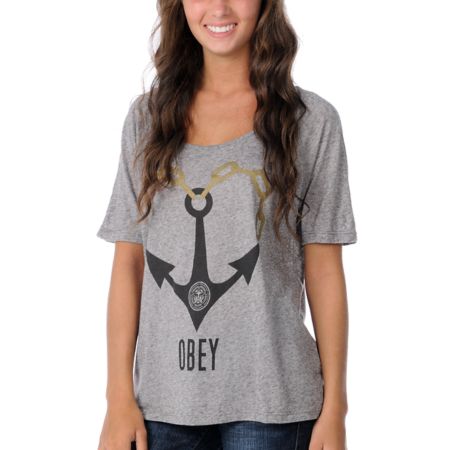 Obey Anchor Heart Heather Grey Burnout Tee Shirt