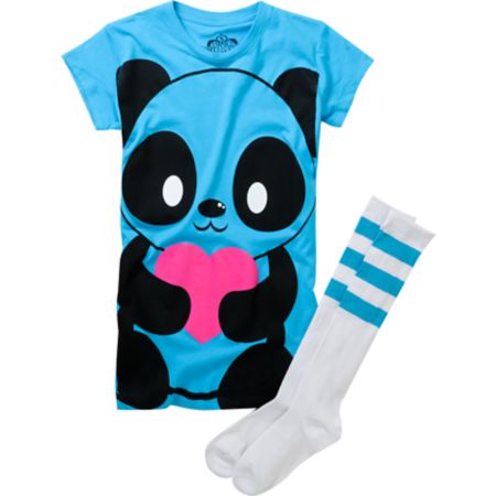 Bitter Sweet Girls Giant Panda Turquoise Tee Shirt & Tube Socks Pack