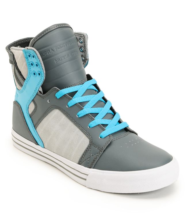 Supra Skytop Smooth Grey & Turquoise Action Leather Skate Shoe