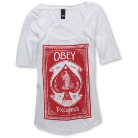 Obey Girls Ace Of Spades White Scoop Neck Tee Shirt
