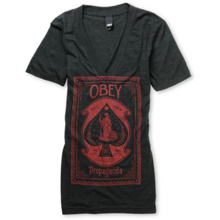 Obey Girls Ace Of Spades Onyx V-Neck Tee Shirt
