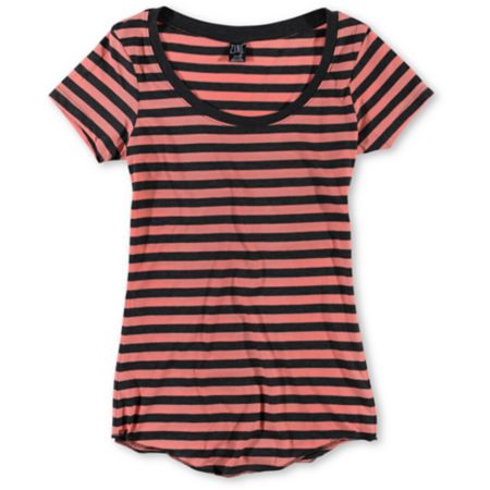 Zine Girls Coral & Charcoal Stripe Scoop Neck Tee Shirt
