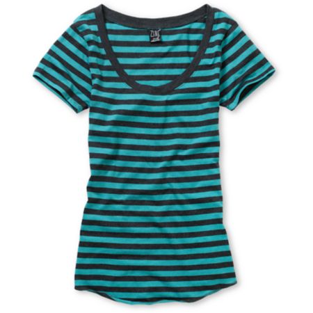 Zine Girls Turquoise & Charcoal Stripe Scoop Neck Tee Shirt
