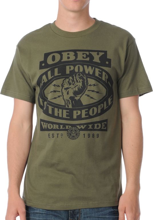 Obey All Power To The People Dark Green Tee Shirt