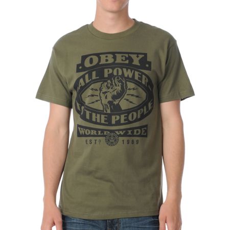 Obey All Power To The People Dark Green Tee Shirt