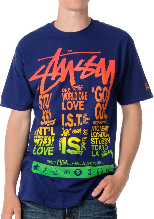 Stussy Peace Poster Navy & Rasta Tee Shirt