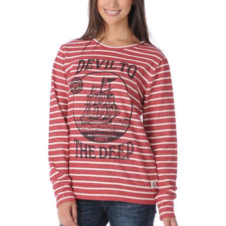 Obey Devil Deep Girls Red & White Striped Crew Neck Sweatshirt