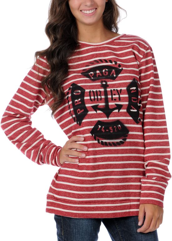 Obey Lifesaver Girls Red & White Striped Crew Neck Sweatshirt