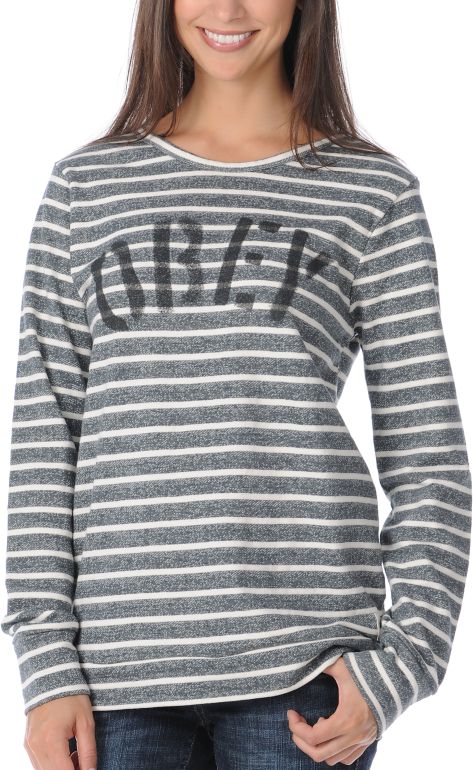 Obey Life Font Girls Charcoal & White Striped Crew Neck Sweatshirt