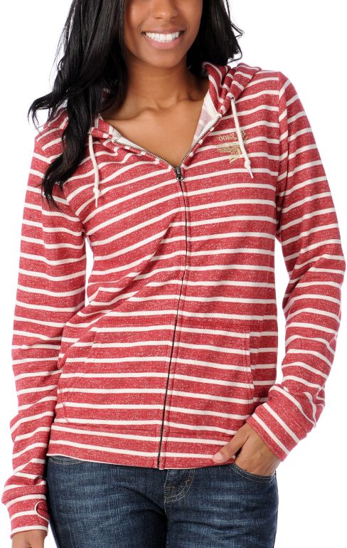 Obey Girls Dove Red & White Stripe Zip Up Hoodie