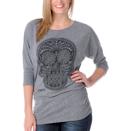 Obey Girls Day Of The Dead Heather Grey Dolman Shirt