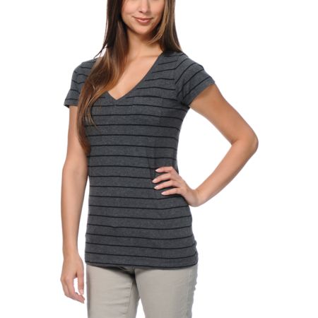 Zine Girls Charcoal & Black Stripe V-Neck Tee Shirt