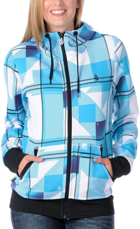 Volcom Girls Shot Gun White & Blue Plaid Tech Fleece Zip Up Hoodie