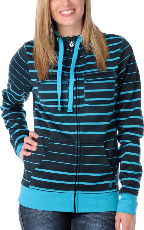 Volcom Girls Saddle Stripe Black & Turquoise Tech Fleece Hydro Zip Up Hoodie