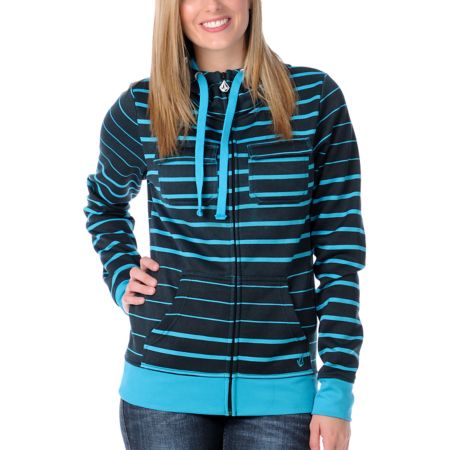 Volcom Girls Saddle Stripe Black & Turquoise Tech Fleece Hydro Zip Up Hoodie