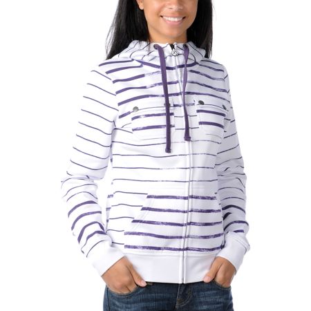 Volcom Girls Saddle 2012 White & Purple Stripe Tech Fleece Jacket
