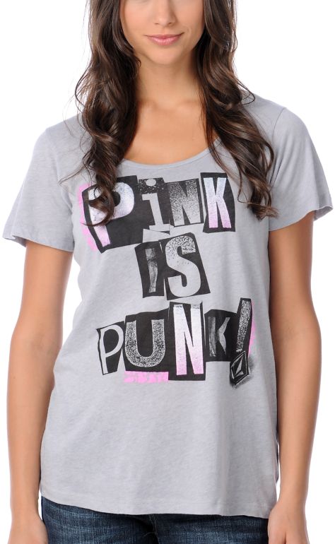 Volcom Girls x Boarding 4 Breast Cancer Pink Is Punk Grey Tee Shirt