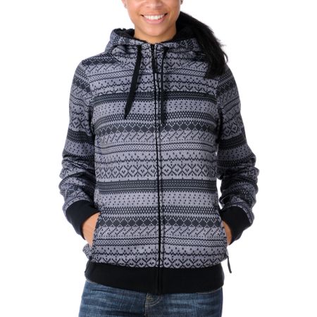 Empyre Girls Crevasse Black & Grey Fair Isle Tech Fleece Jacket