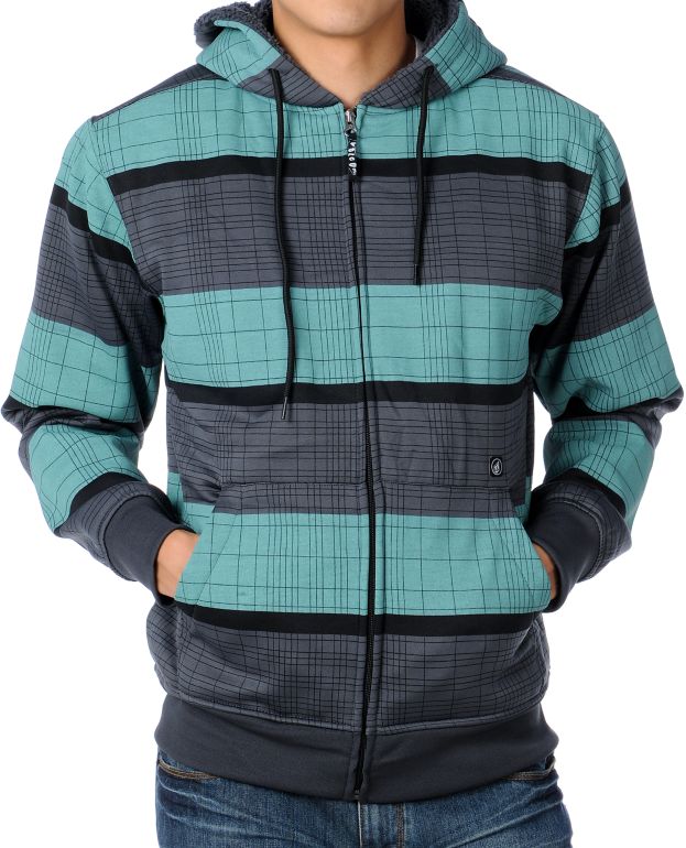 Volcom Cell Plaid Charcoal & Teal Sherpa Fleece Hoodie