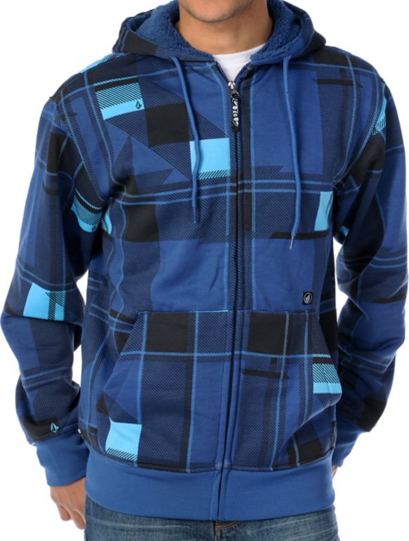 Volcom Shotgun Blue Sherpa Plaid 2012 Guys Hydro Zip Tech Fleece