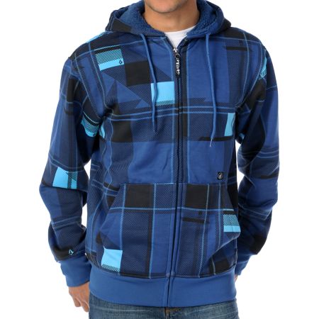 Volcom Shotgun Blue Sherpa Plaid 2012 Guys Hydro Zip Tech Fleece