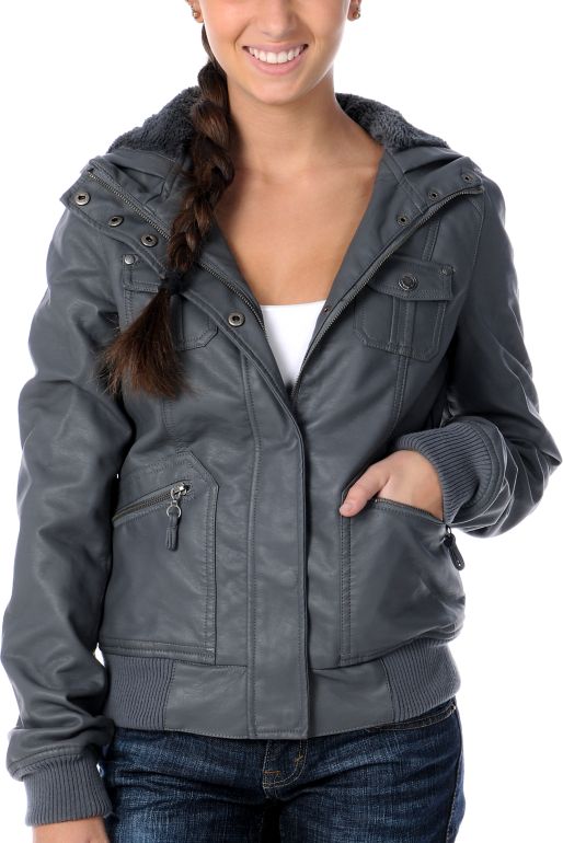Empyre Girl Brazen Grey Faux Leather Hooded Bomber Jacket