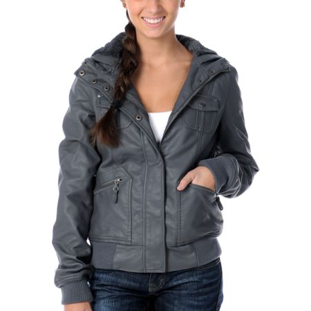 Empyre Girl Brazen Grey Faux Leather Hooded Bomber Jacket
