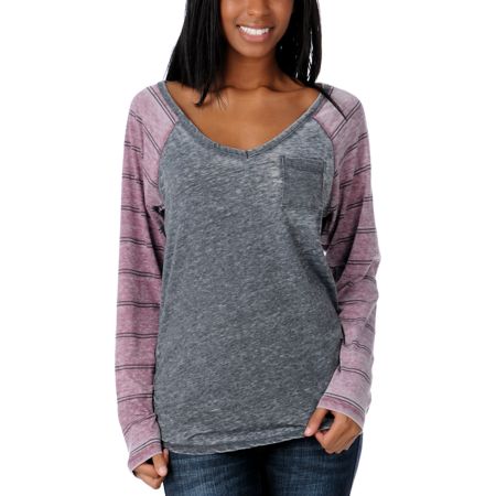 Volcom Girls Slacker Crimson Stripe Long Sleeve V-Neck Tee Shirt