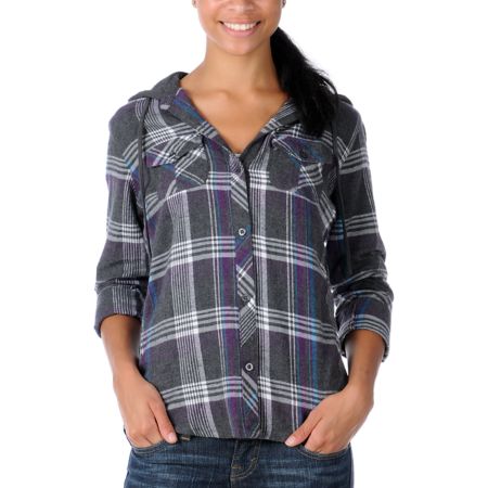 Empyre Girls Arroyo Purple & Charcoal Plaid Hooded Flannel Shirt
