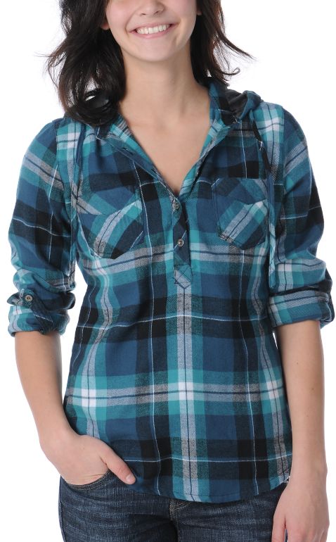 Empyre Girl Tephra Blue Plaid Hooded Woven Shirt