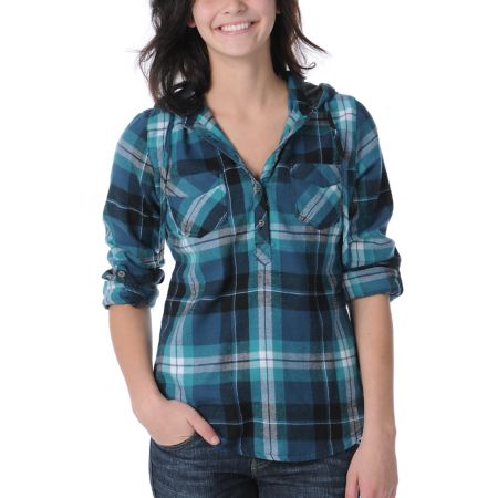 Empyre Girls Tephra Blue Plaid Hooded Woven Shirt