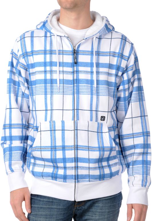 Volcom Los Pockitos White Plaid Fleece Sherpa Zip Up Hoodie