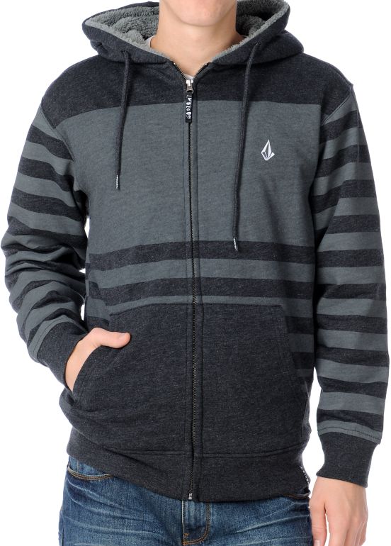 Volcom 2012 Getta Charcoal Striped Fleece Sherpa Zip Hoodie