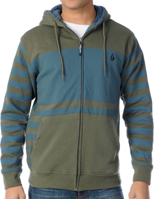 Volcom Getta Green and Blue Stripe Sherpa Fleece Zip Up Hoodie