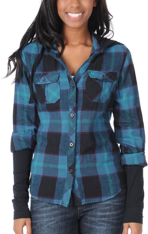 Empyre Girl Paradox Teal Plaid Hooded Flannel