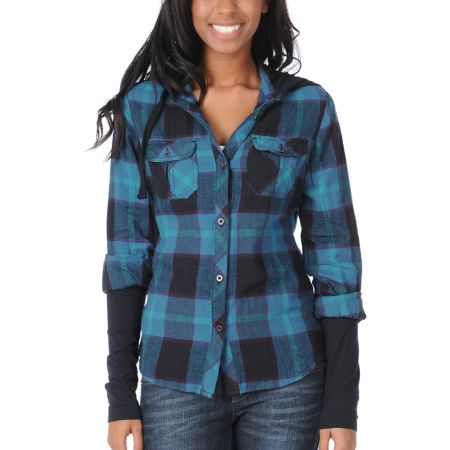 Empyre Girl Paradox Teal Plaid Hooded Flannel