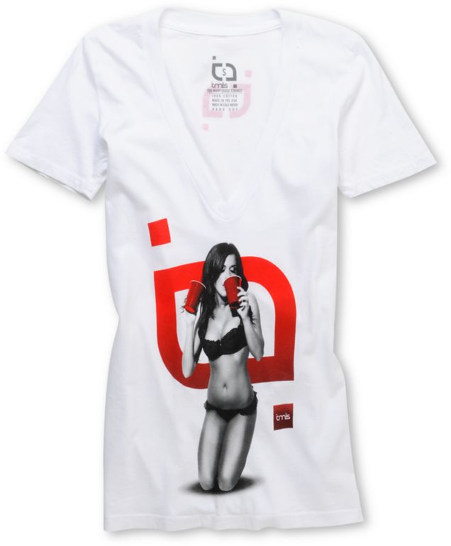 Too Many Loose Strings Double Fisting White V-Neck Tee Shirt