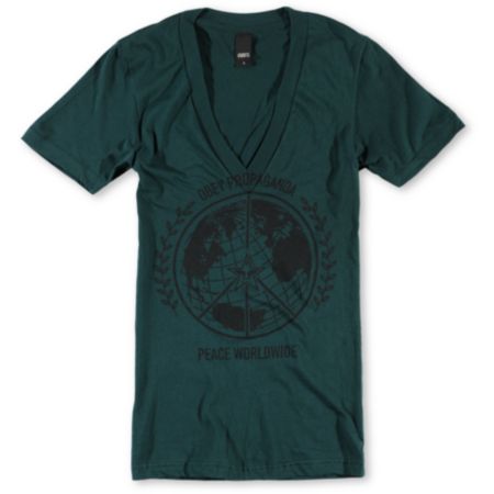 Obey Girls Peace Worldwide Green Deep V-Neck Tee Shirt