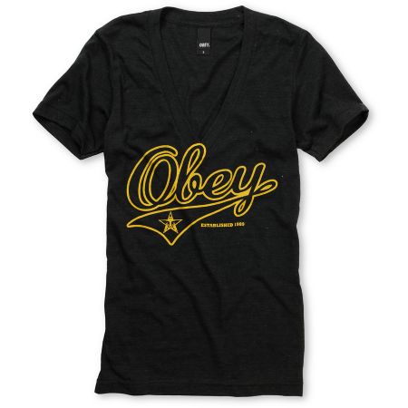 Obey Girls Script Charcoal Deep V-Neck Tee Shirt