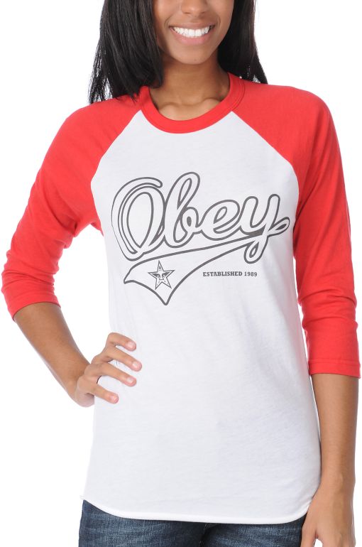 Obey Girls Script Red & White Baseball Tee Shirt