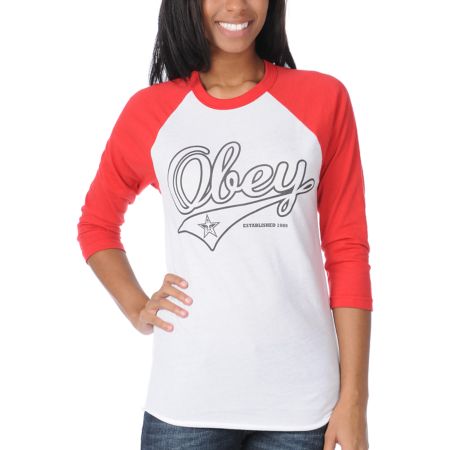 Obey Girls Script Red & White Baseball Tee Shirt