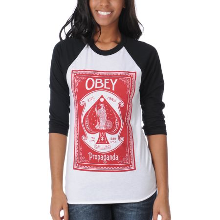 Obey Girls Ace Of Spades Black & White Baseball Tee Shirt