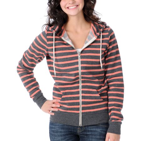 Zine Girls Coral & Charcoal Stripe Zip Up Hoodie