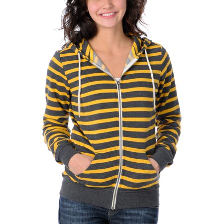 Zine Girls Yellow & Charcoal Stripe Zip Up Hoodie