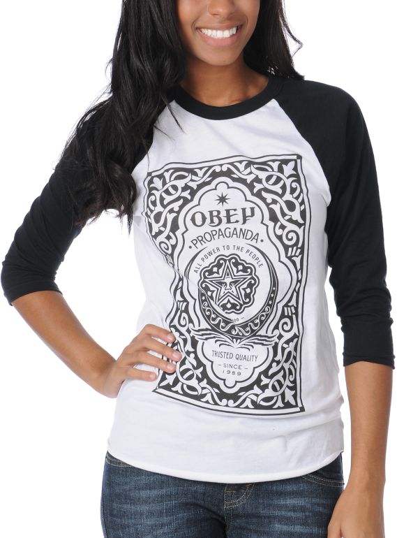 Obey Girls Moroccan Label Black & White Baseball Tee Shirt