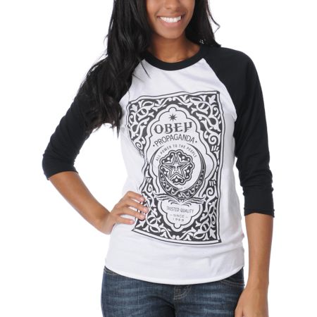 Obey Girls Moroccan Label Black & White Baseball Tee Shirt