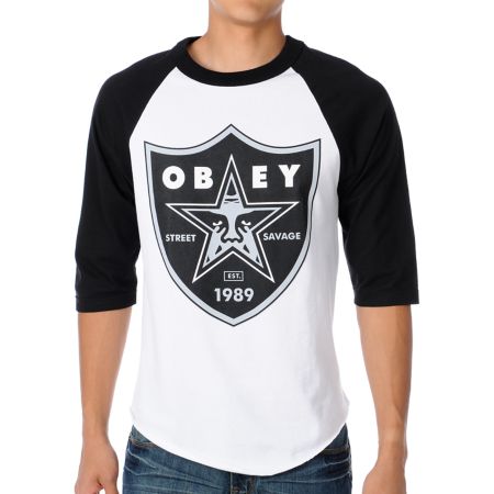Obey Obey Nation 2 White & Black Baseball Tee Shirt