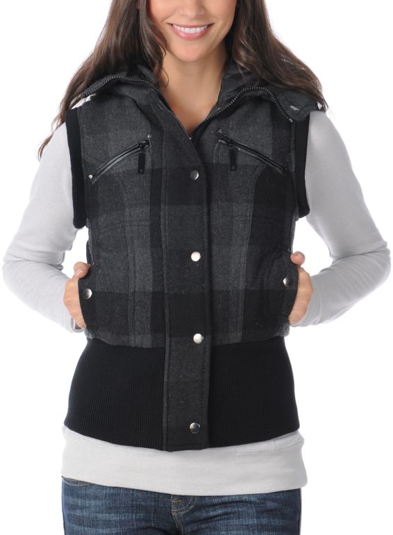 Coffee Shop Florence Charcoal Plaid Hooded Vest