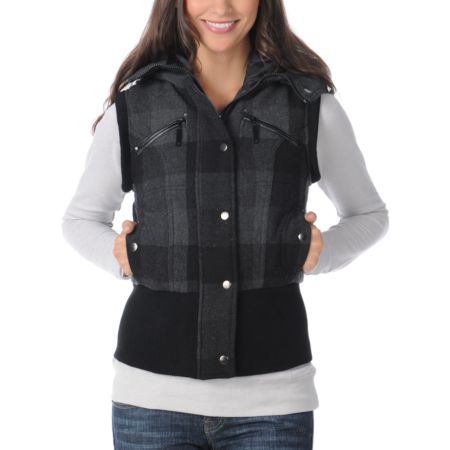 Coffee Shop Florence Charcoal Plaid Hooded Vest